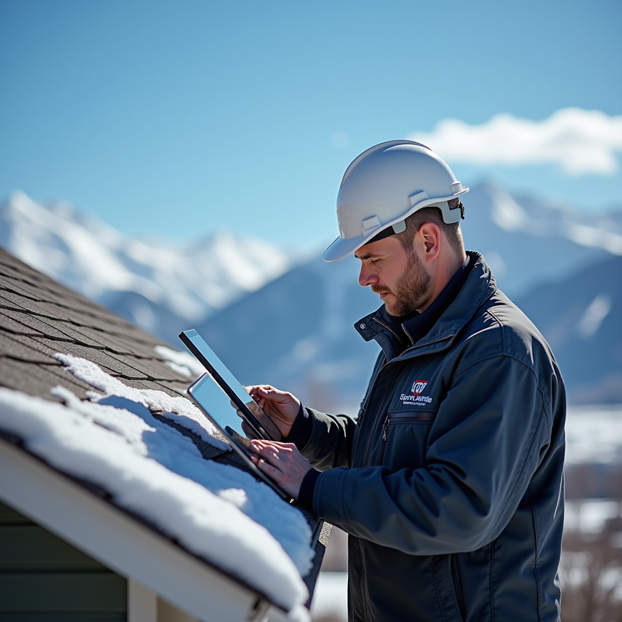 A roofer inspecting a roof beneath the Wasatch mountains